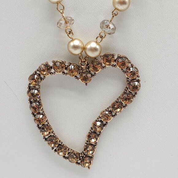 Vintage Heart Pendant Necklace With Faux Pearls Rhinestones Gold Tone Chain - Picture 2 of 6